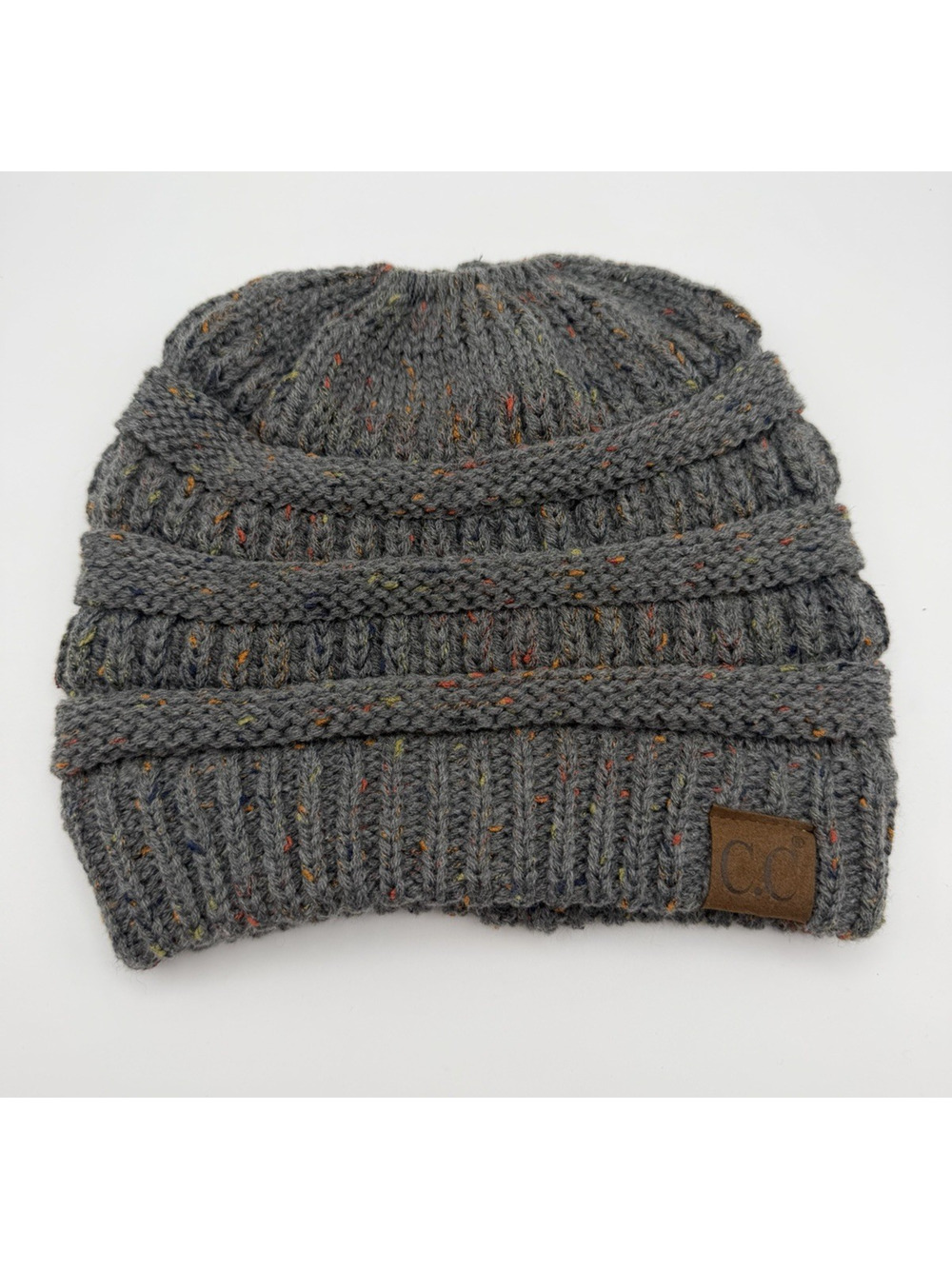C.C. Exclusives Beanie Ponytail Messy Bun Gray Confetti Ribbed Knit Beanie Hat
